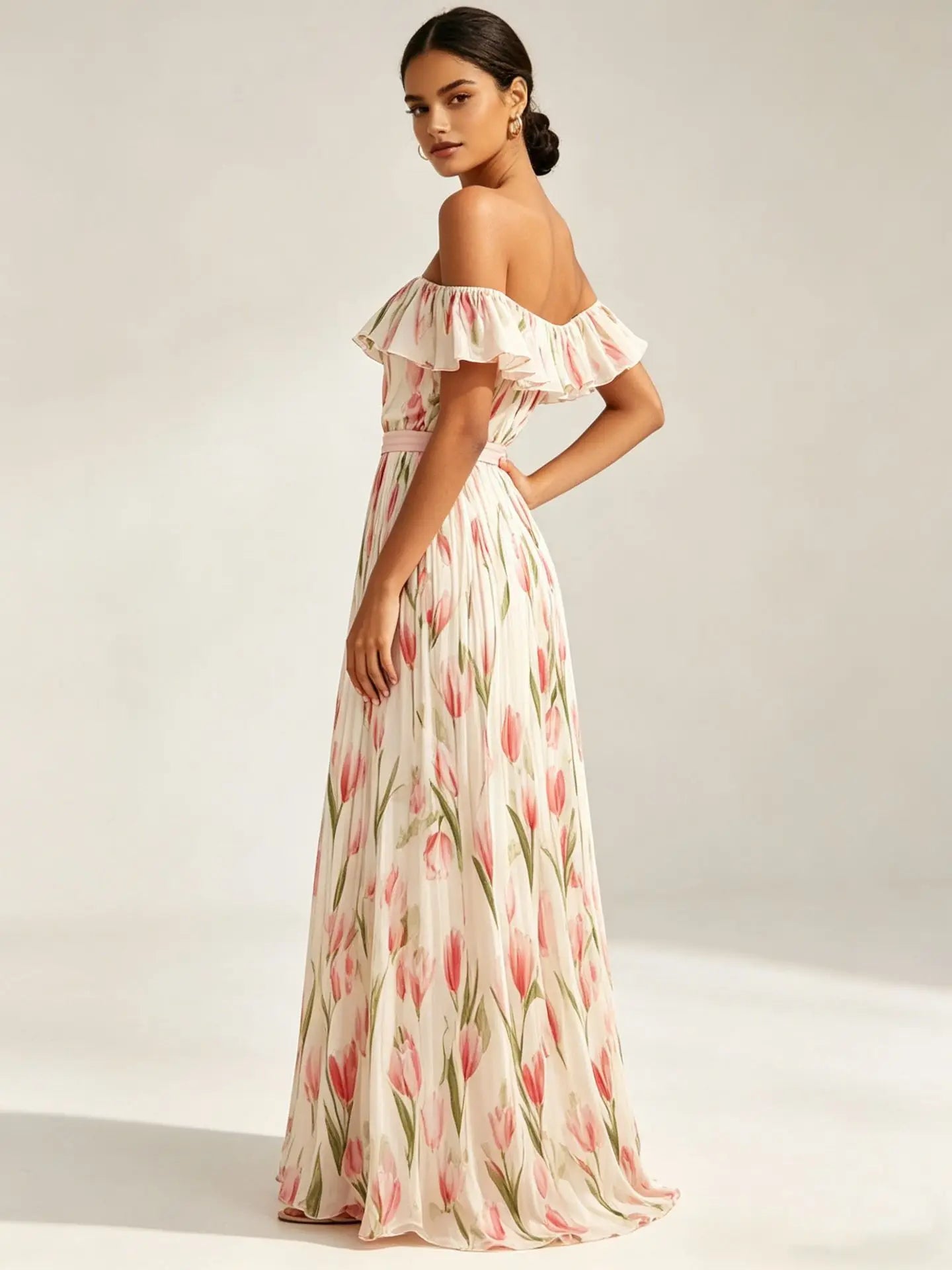 2026 summer off-the-shoulder tulip print plus size slimming square neck maxi dress