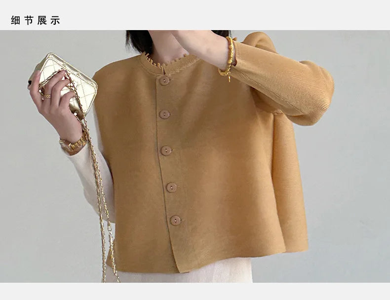 Khaki Beige Pleated Crew Neck Button Vest & Pleated Color Block Skirt Set Drapey Co-ord Set Minimalist Chic Trendy Daily 2026