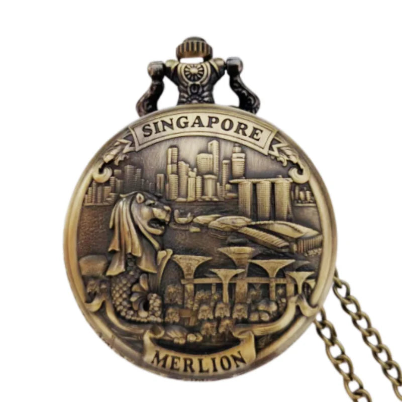 Retro Charm Neutral Fashion Merlion Scenic Spot Carving Quartz Pocket Watch Steampunk Men's and Women's Necklace Pendant Gift Main image