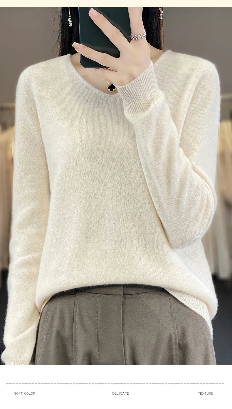 Women 100% Merino Wool Sweater V-Neck Basic Pullover Autumn Winter Cashmere Clothing Long Sleeve Soft Knitwear Tops Solid Color