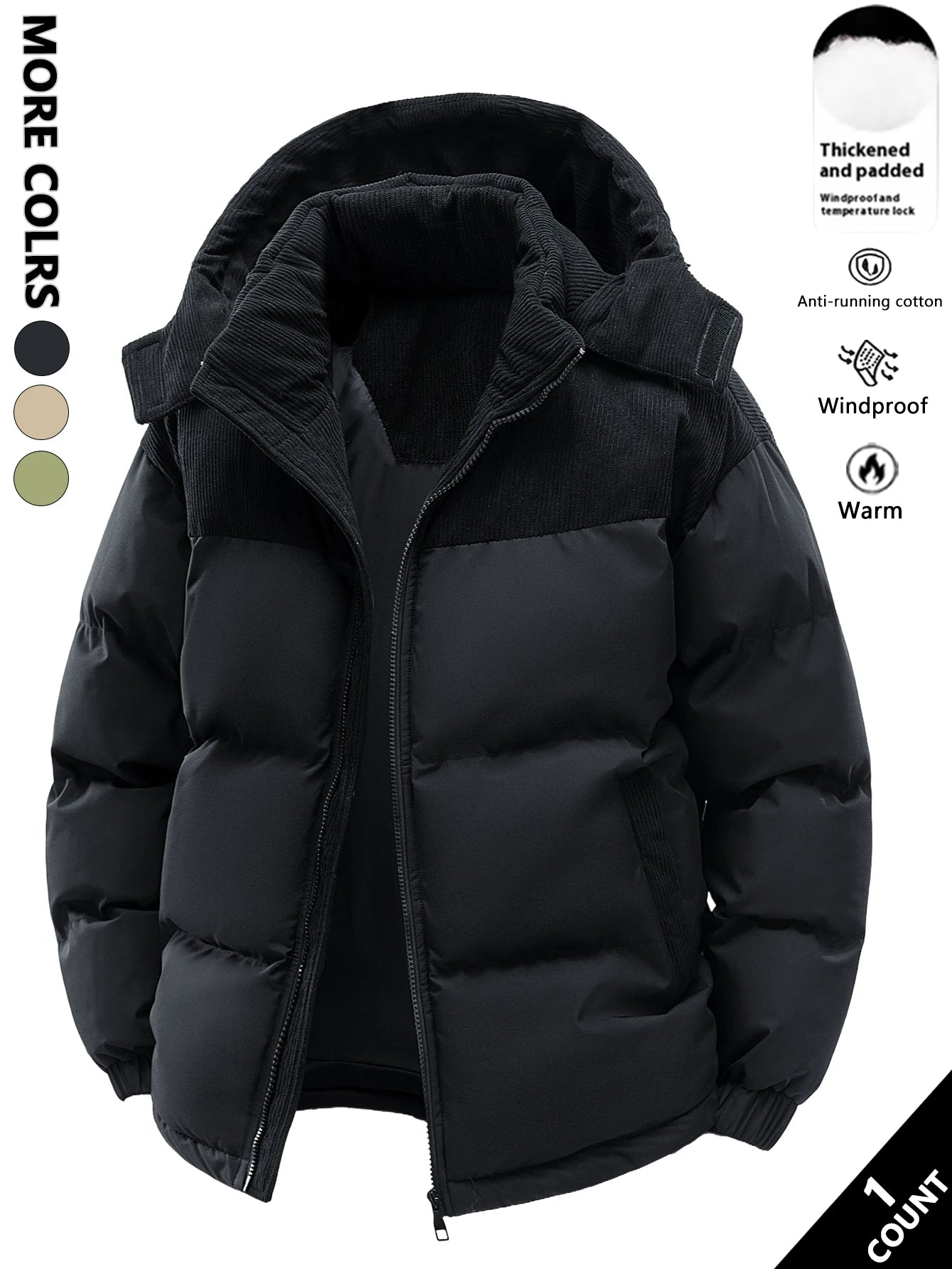 Men's Hooded Cotton Jacket, Thickeneded and Warm in Winter, Windproof and Cold-Resistant, Simple and Versatile for Work Clothing Main image