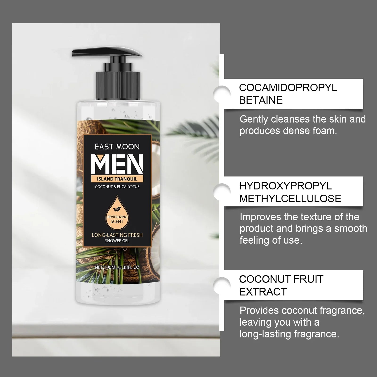 Men's Eucalyptus Coconut Body Wash Deep Cleansing Shower Gel Refreshing Scent Long Lasting Fragrance Oil Control 100ml