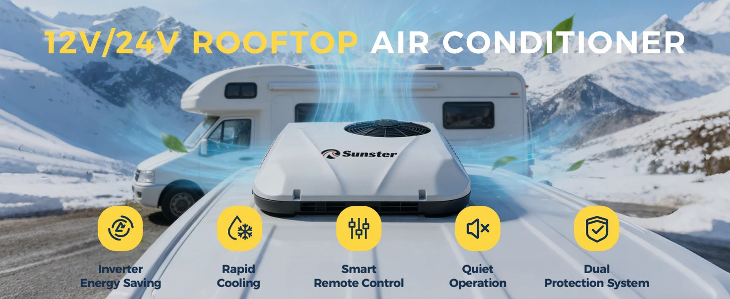 Sunster 12V/24V Fast Cooling Roof Air Conditioner Electric Cool RV Rooftop Parking for Truck Camper Van Caravans Motor home