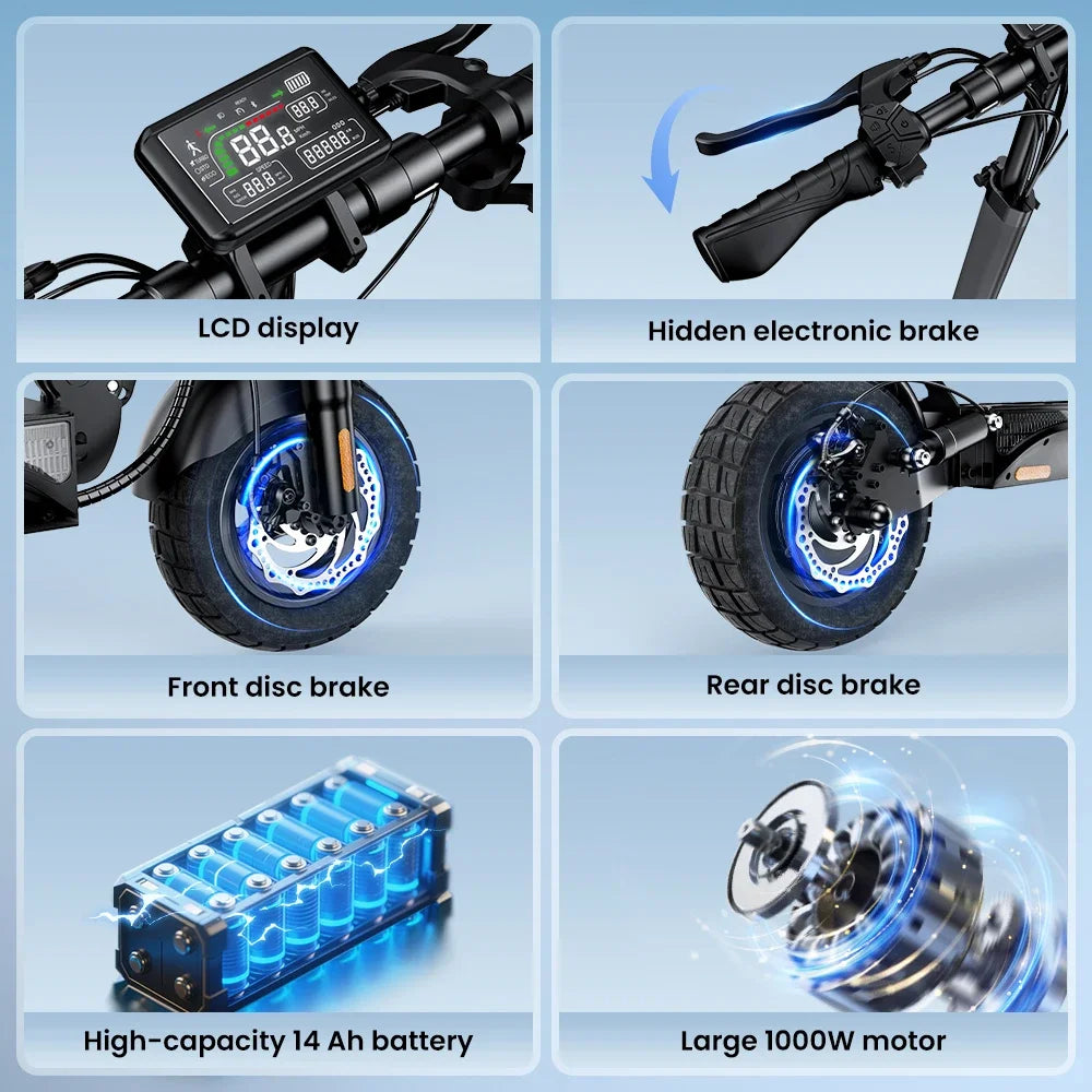 iScooter W9 Electric Scooter for Adults 1000W Motor 48V14AH Battery Foldable E-scooter 10 Inch Tire All-Terrain EScooter
