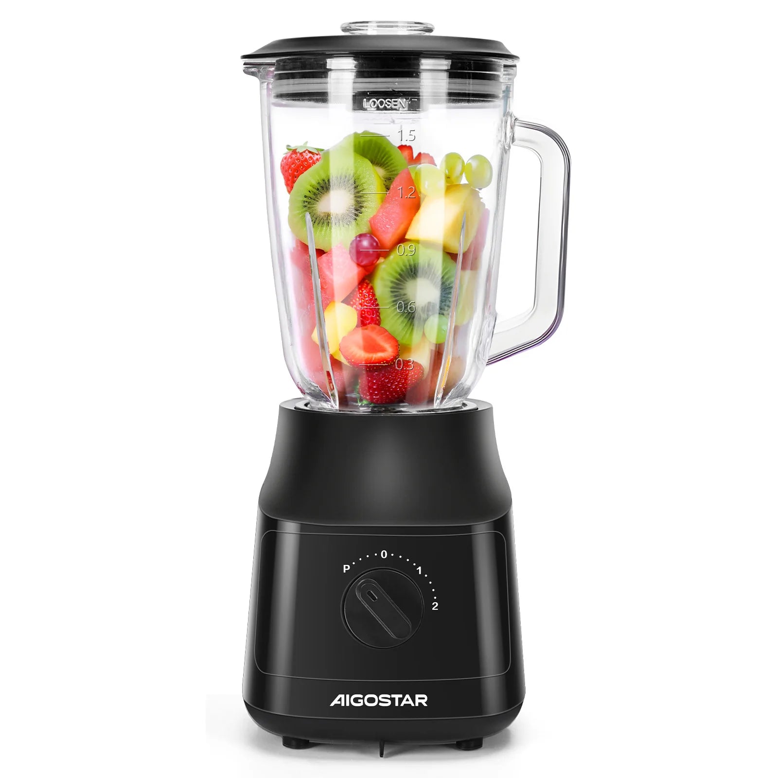 Aigostar Blender and Smoothie Maker, 1.5 Liter Glass Jar, Titanium-Coated Blades, Ice Crush Function, 2 Speeds + Pulse Main image
