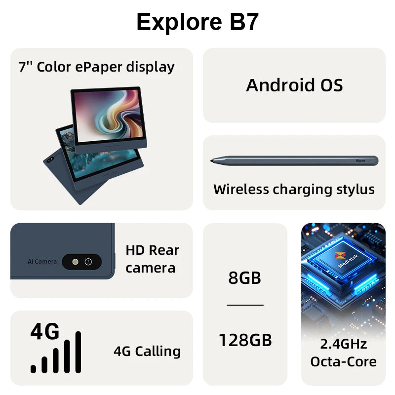 Bigme B7 ebook reader, 7'' e-ink ereader, 300PPI, 8+128GB, Android 14 open system, Handwritten e-book tablet w/ 5MP rear camera