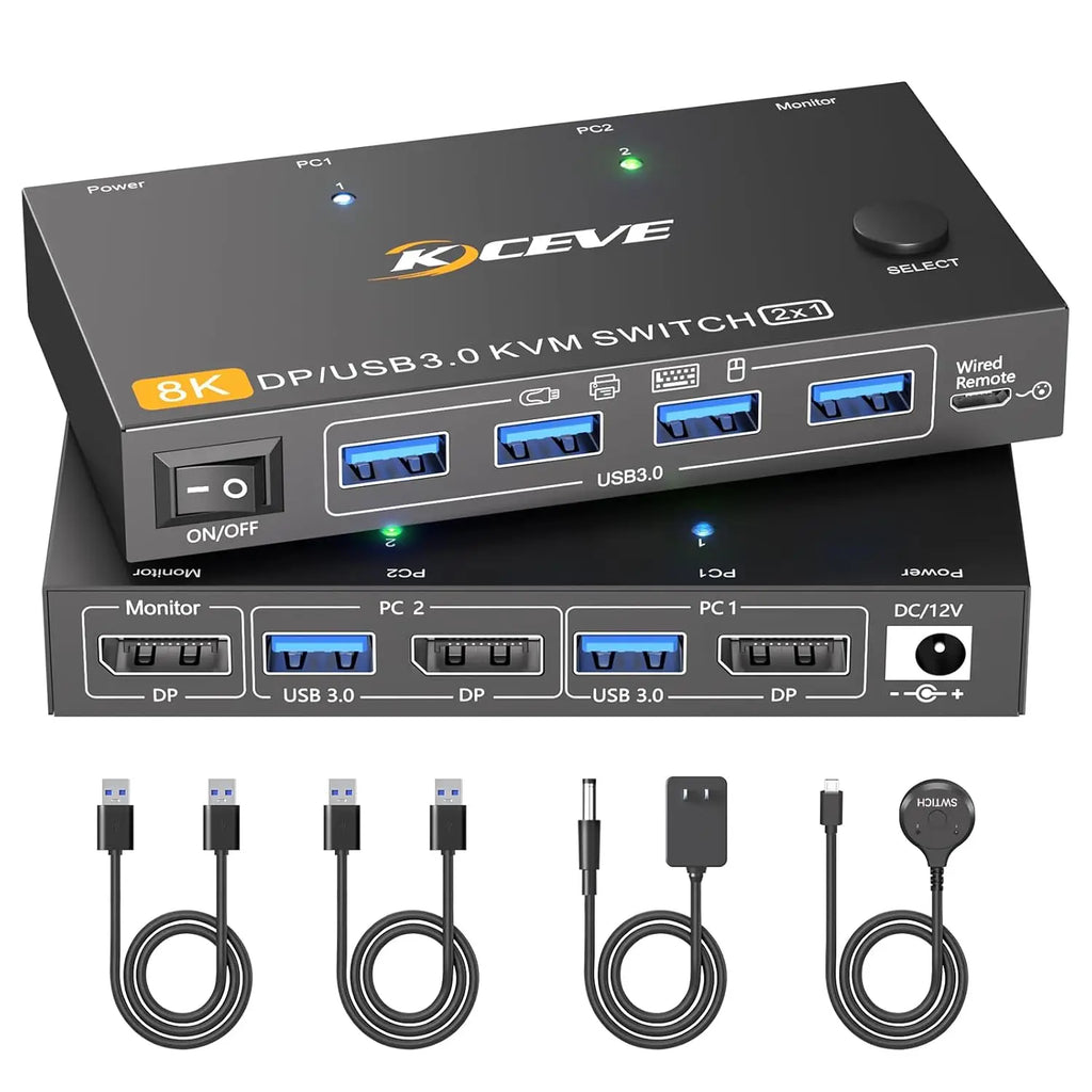 KCEVE 8K DisplayPort KVM Switch 2 Computers 1 Monitor ,8K@60Hz/4K@240Hz DP KVM Switch for 2 PC 1 Monitor to Share Mouse,Keyboard