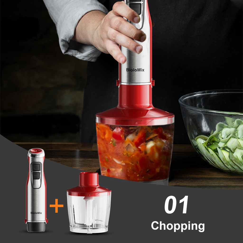 BioloMix 4-in-1 Hand Stick Blender, 1200W Stainless Steel - Immersion Mixer with Chopper Smoothie Cup Ice Blades for Baby Food