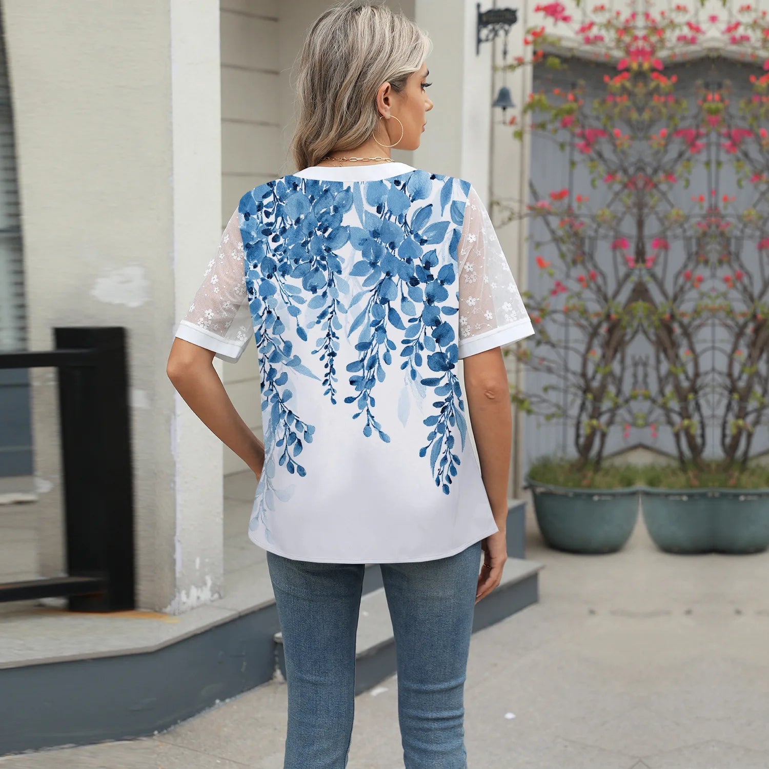 Summer Shirts Women Lace Patchwork Short Sleeve Blouse Flower Print Clothing Fashion Street Casual Daily V-Neck Button Tops 2025