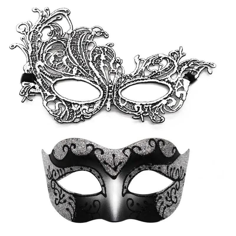 Set of 2, Couple's Elegant Black Lace Masquerade Masks for Costume Parties