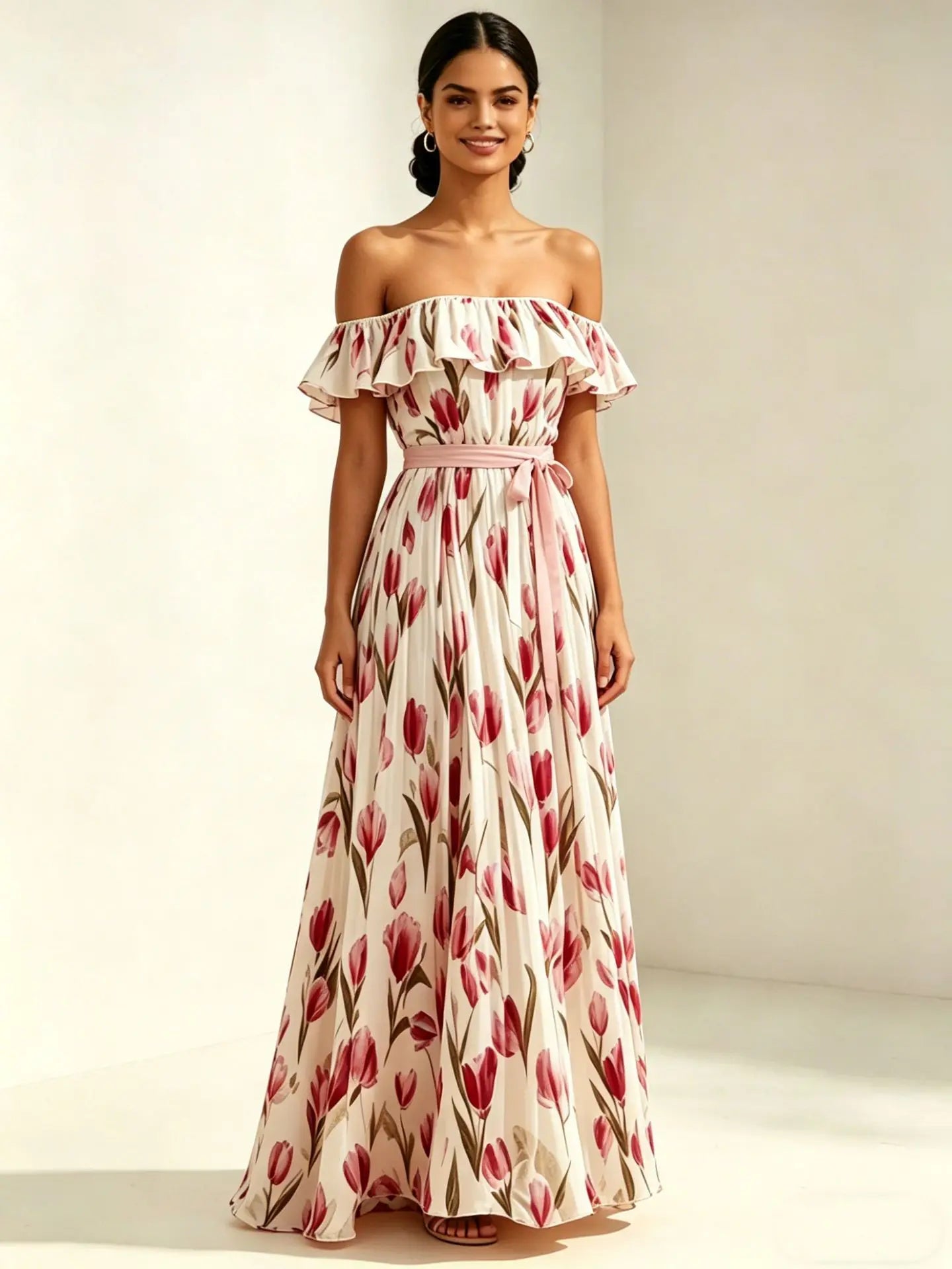 2026 summer off-the-shoulder tulip print plus size slimming square neck maxi dress