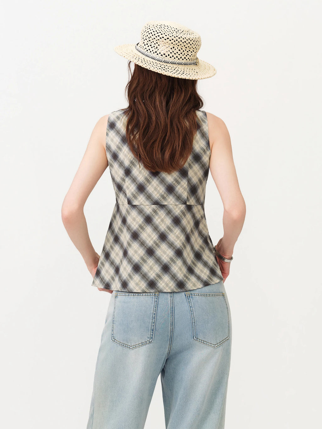 FSLE Retro Plaid Round Neck Slim Waist Sleeveless Shirt for Women New Summer 2026 Style with Ribbon Korean Style Y2k