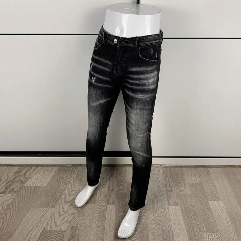 Street Fashion Men's Tight Black Grey Jeans Retro Elastic Slimming Split Style Jeans Men's Retro Designer Brand Jeans Hombre