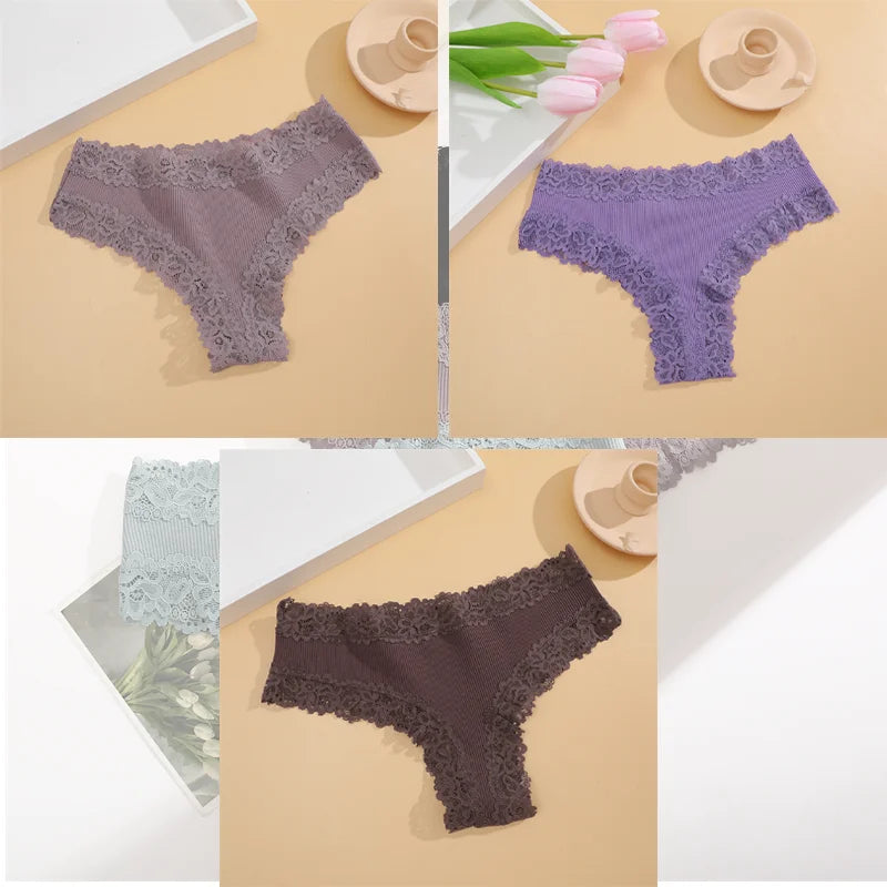 FINETOO 3Pcs Women Cotton Underwear Panties Sexy Lace Brazilian Briefs Low Waist Floral Solid Color G-string Breathable Lingerie