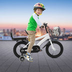 14" Kids Bike Adjustable Children's Bicycle Load 60kg w/Training Wheels+Basket+Backrest Rear Seat for 3-7 Year Old (White/Black)