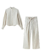 HH Women 2026 New Fashion Versatile Beige Striped Puffy Sleeve Shirt+High Waisted Loose Pleated Casual Long Pants Two Piece  Set