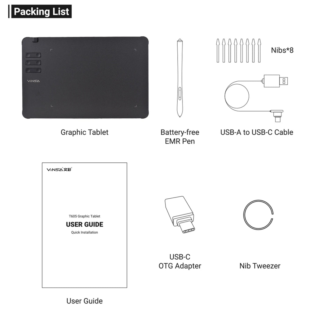 VINSA T1161 Graphics Drawing Tablet Ultra-thin Art Creation Sketch with Battery-free Stylus 8 Pen Nibs 8192 Levels Pressure
