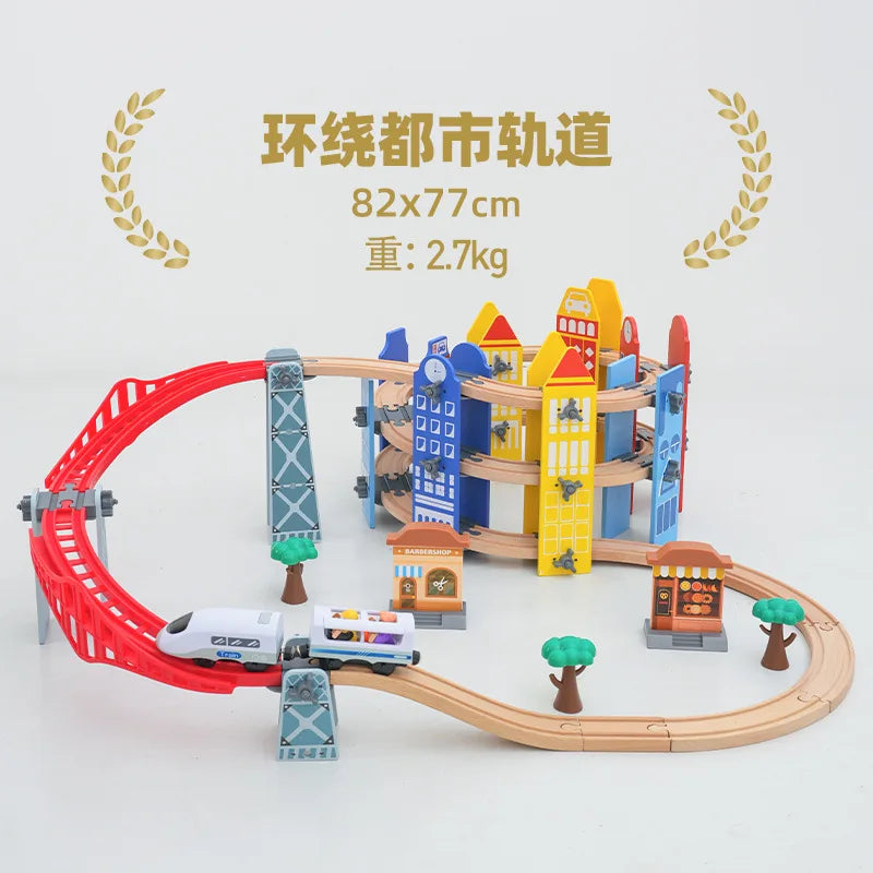 new Wooden Railway Track Set Electric Train Magnetic Car Diecast Slot Fit All Brand Biro Wood Track Assemble Toy Boy Gift