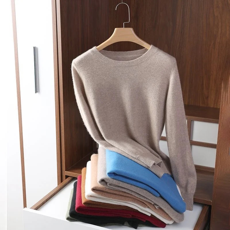 Women Slim O-Neck Pullover Cashmere Wool Blending Sweater Autumn And Winter Long-Sleeved Knit Bottoming Shirt Large Size 2024 Main image