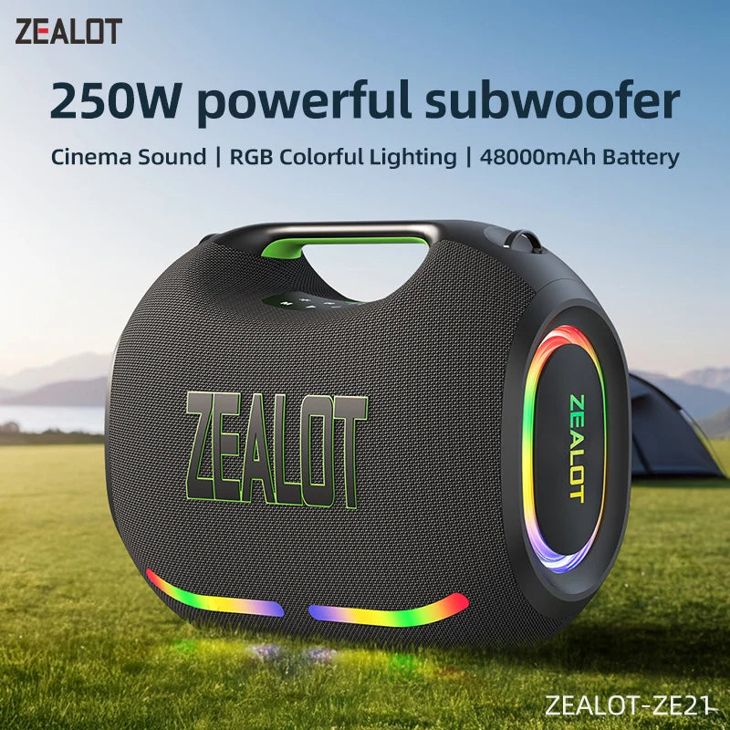 ZEALOT-ZE21 250W Portable Bluetooth Speaker High Volume Waterproof 48000mAh Wireless TWS Subwoofer Suporrt USB/TF/AUX RGB light Main image