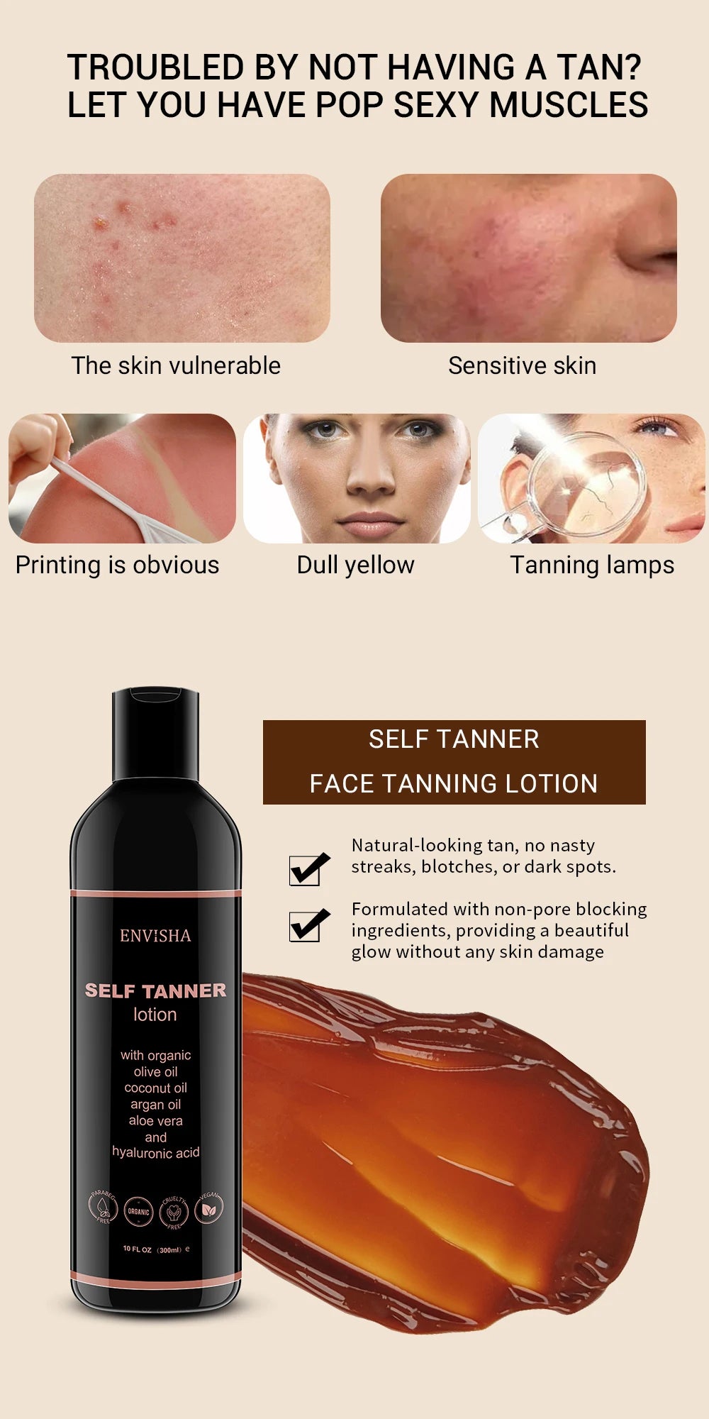 ENVISHA Makeup Foundation Body Skin Care Self Tanning Lotion Fast Face Tan Cream Moisturizing Bronzer Nourishing Facial Lotion