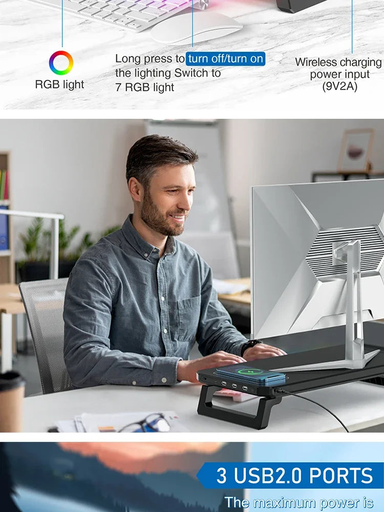 RGB Light Effect Rechargeable Desktop Monitor Height Stand 3 USB 2.0 Port Universal Laptop Storage Rack With Wireless Charging