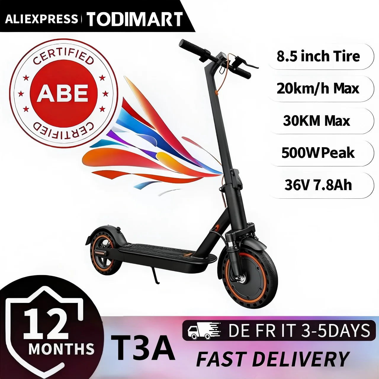 TODIMART T6 ABE E Scooter Mit Straßenzulassung, 30-35 km range, 350-500W brushless motor, dual brakes, and 8.5-inch run-flat tires