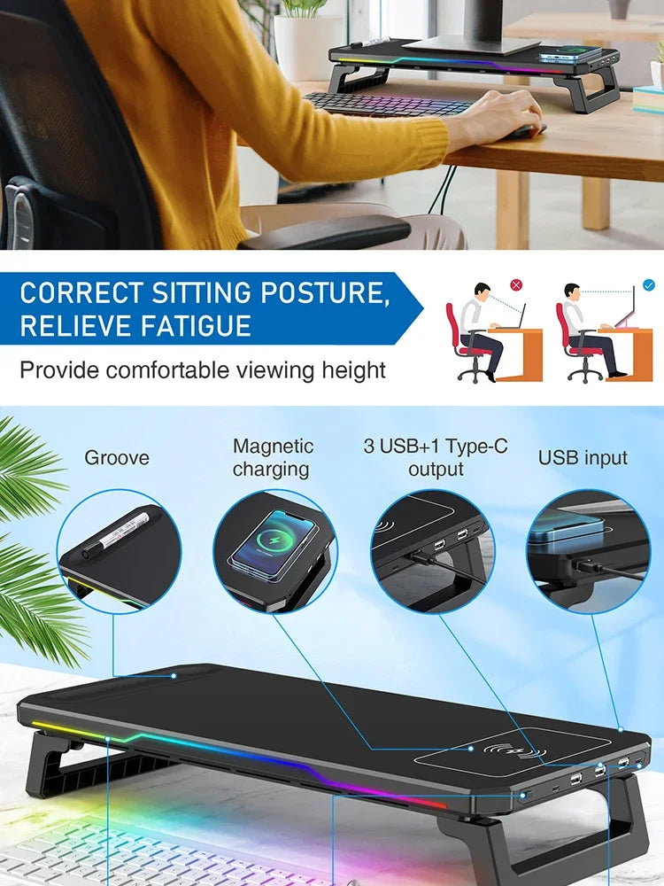 RGB Light Effect Rechargeable Desktop Monitor Height Stand 3 USB 2.0 Port Universal Laptop Storage Rack With Wireless Charging