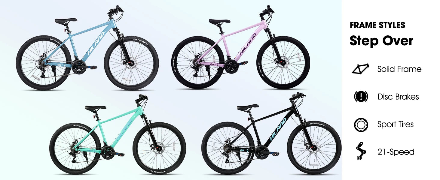 HILAND 26 inch aluminum alloy mountain bike for men and women, 21 speed bike with mechanical disc brakes, front suspension fork