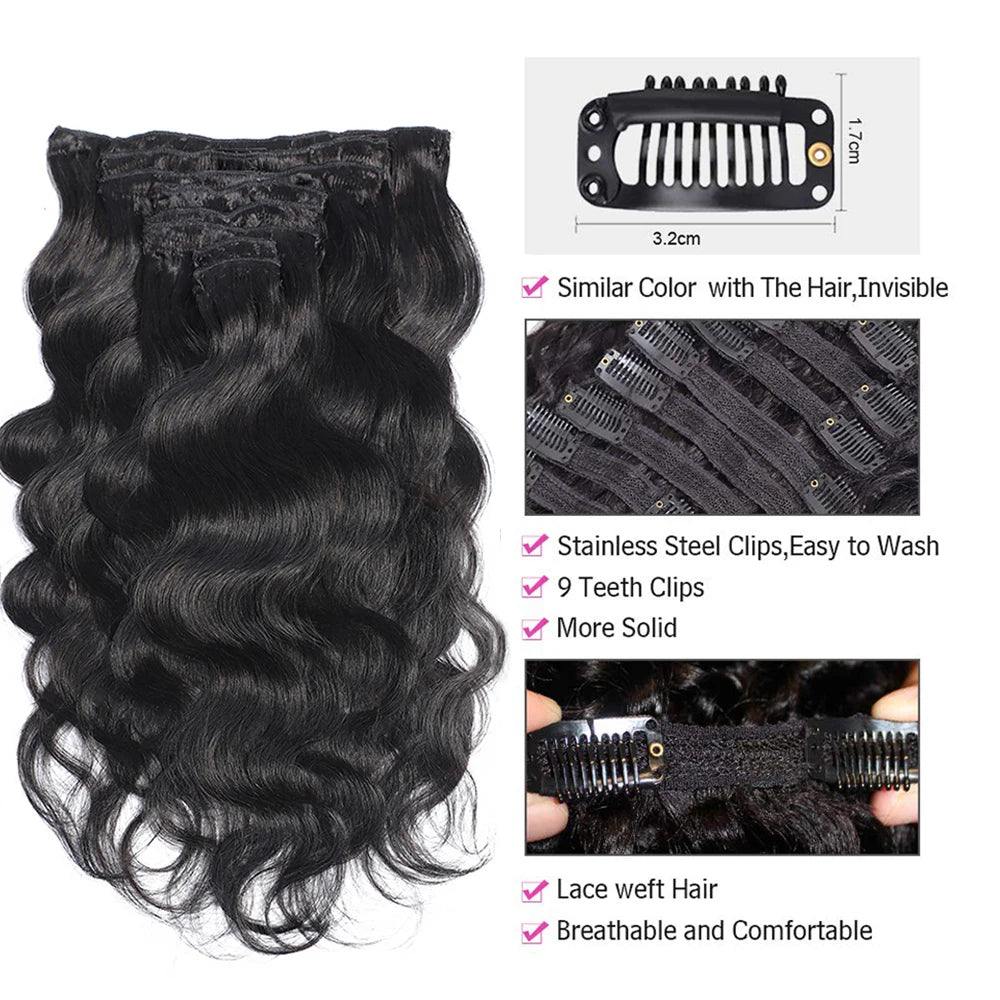 Wave Clip in Hair Extensions Real Human Hair Extensions Clip Ins 120 Gram Body Wave 18 Inch 8Pcs Natural Black 100% Human Hair