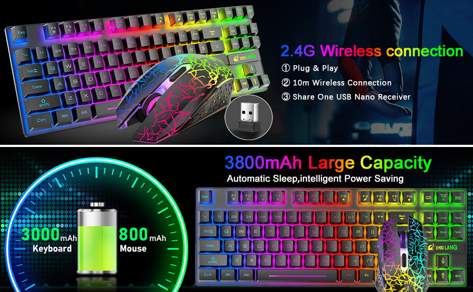 T87 Wireless Keyboard Mouse Set, Rainbow Backlit 2.4G Rechargeable Gaming Keyboard 2400DPI Optical Gaming Mouse with Mouse Pad