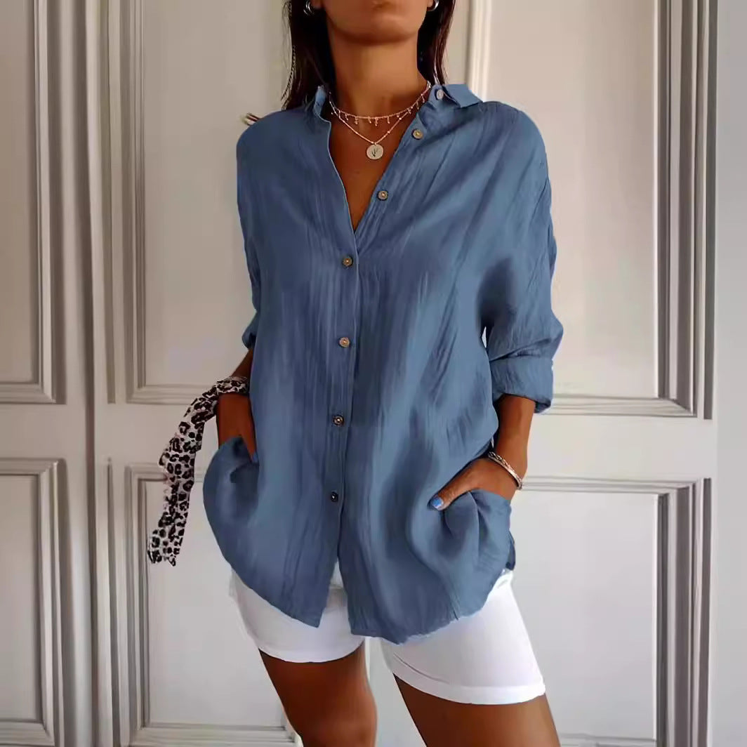 Lapel Long Sleeve Shirt Women's Single-breasted Pleated Shirt Tops Clothing Secondary image