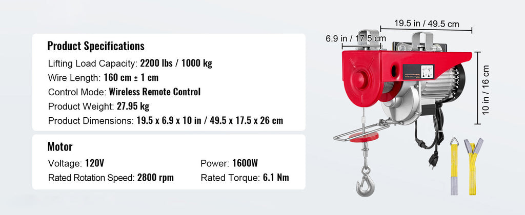 SucceBuy 1320-2200 lbs Wireless Electric Hoist with 40ft Single Cable Lifting Height Steel Wire Winch Garage Warehouse Factory
