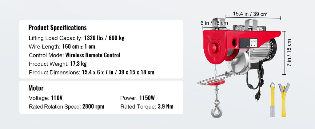 SucceBuy 1320-2200 lbs Wireless Electric Hoist with 40ft Single Cable Lifting Height Steel Wire Winch Garage Warehouse Factory