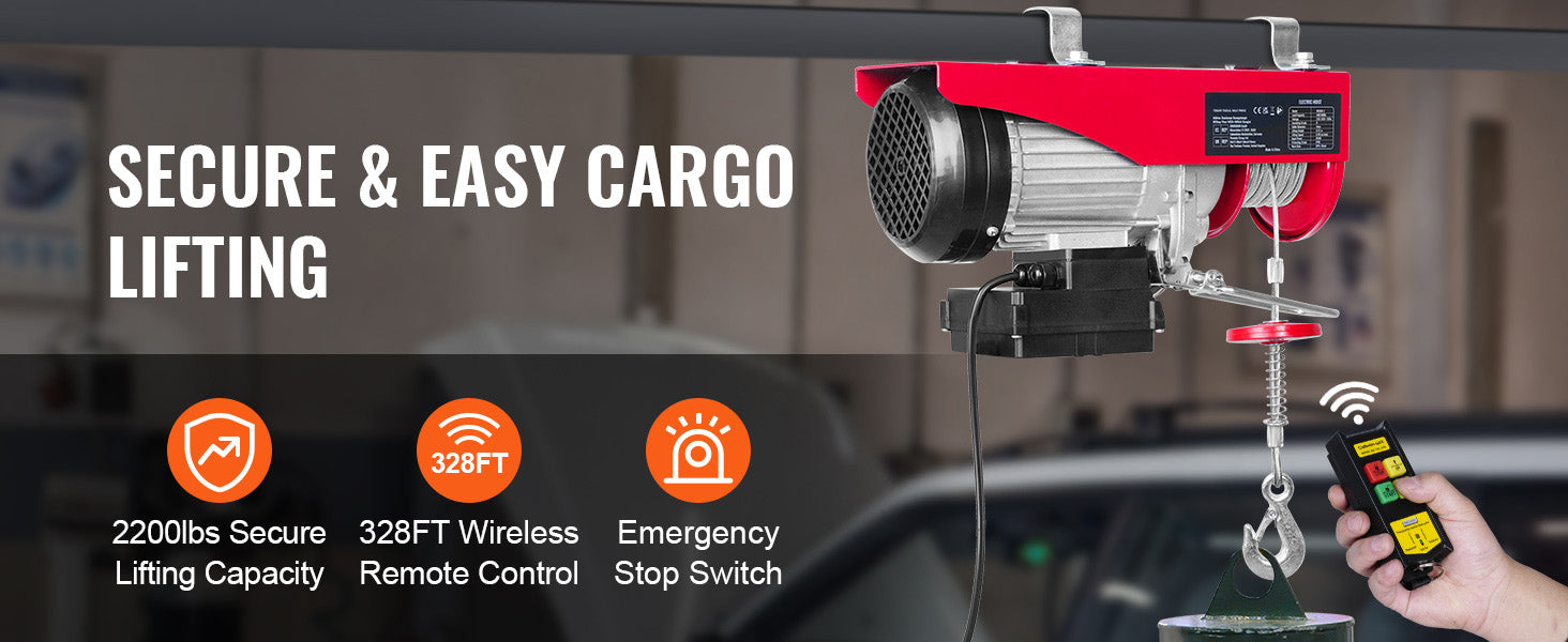 SucceBuy 1320-2200 lbs Wireless Electric Hoist with 40ft Single Cable Lifting Height Steel Wire Winch Garage Warehouse Factory